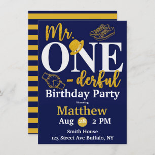 Invitation M. One-derful Navy et Gold Birthday Party Invita