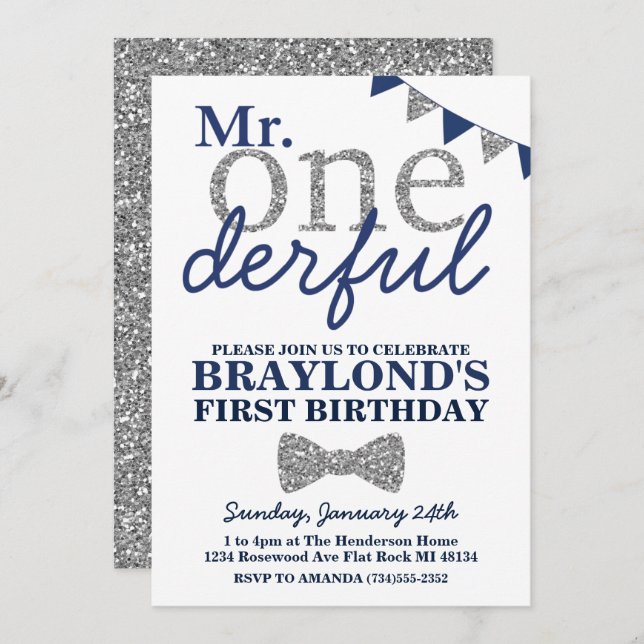 Invitation M. Onederful Birthday Invitation, Blue & Silver (Devant / Derrière)