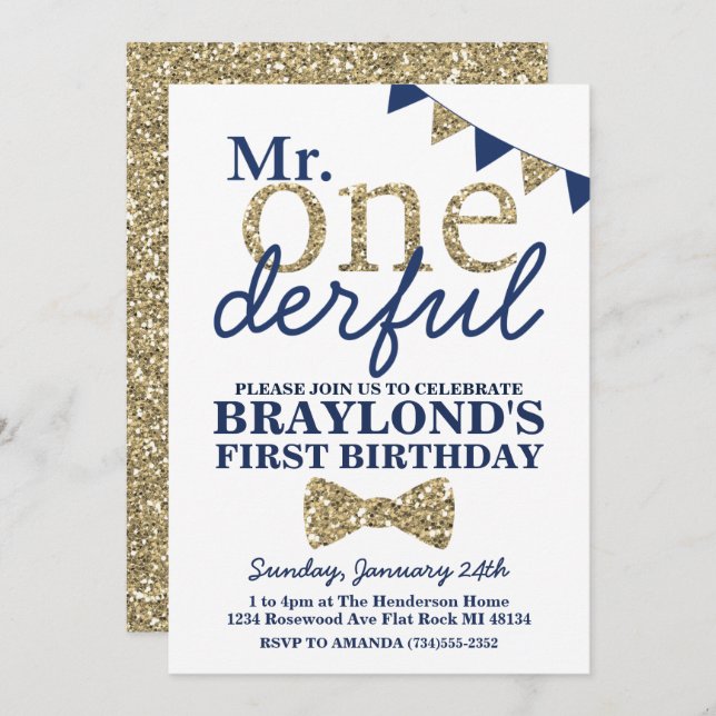 Invitation M. Onederful Blue and Gold First Birthday Invitati (Devant / Derrière)