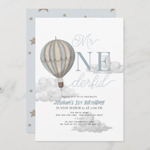 Invitation M. Onederful Blue Hot Air Balloon 1er anniversaire
