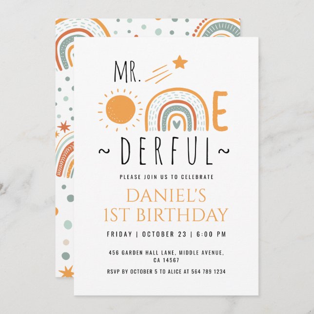 Invitation M. Onederful Boho Arc-en-ciel premier enfant (Devant / Derrière)