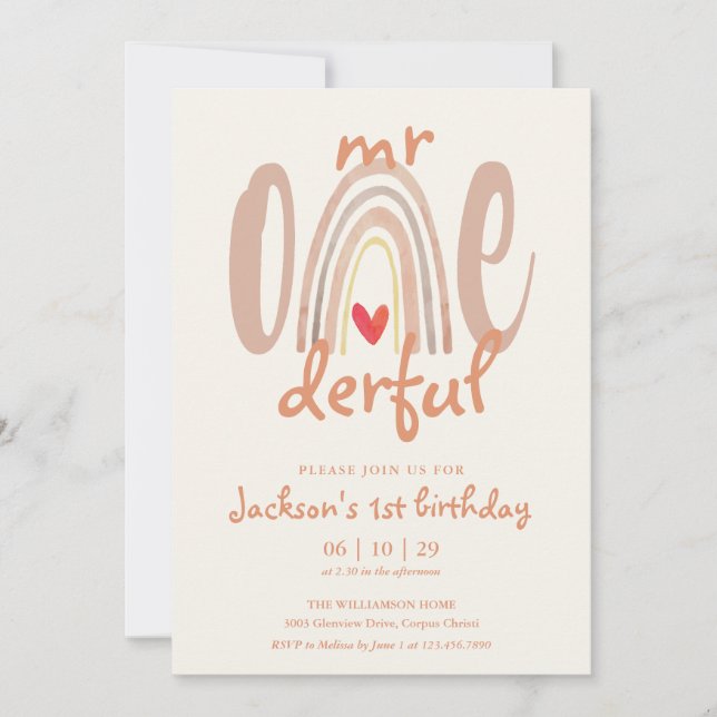 Invitation M. Onederful Boho Rainbow Heart 1er Anniversaire (Devant)