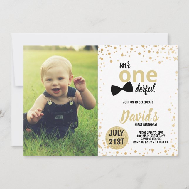 Invitation M. Onederful Gold Confetti photo de premier annive (Devant)