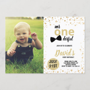 Invitation M. Onederful Gold Confetti Premier anniversaire Ph