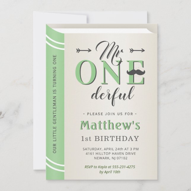 Invitation M. Onederful Green Mustache 1er premier anniversai (Devant)