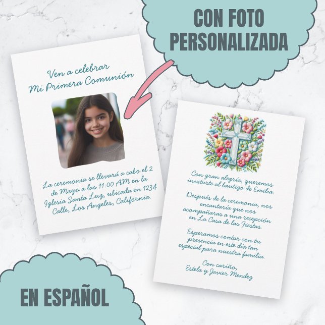 Invitation Ma Première Communion avec photo Croix et Fleurs (Mi Primera Comunión con foto Cruz y Flores Invitation.)