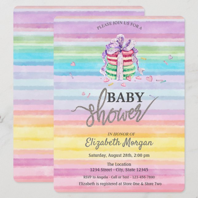Invitation Macarons Aquarelle Rayures Colorées Baby Shower (Devant / Derrière)