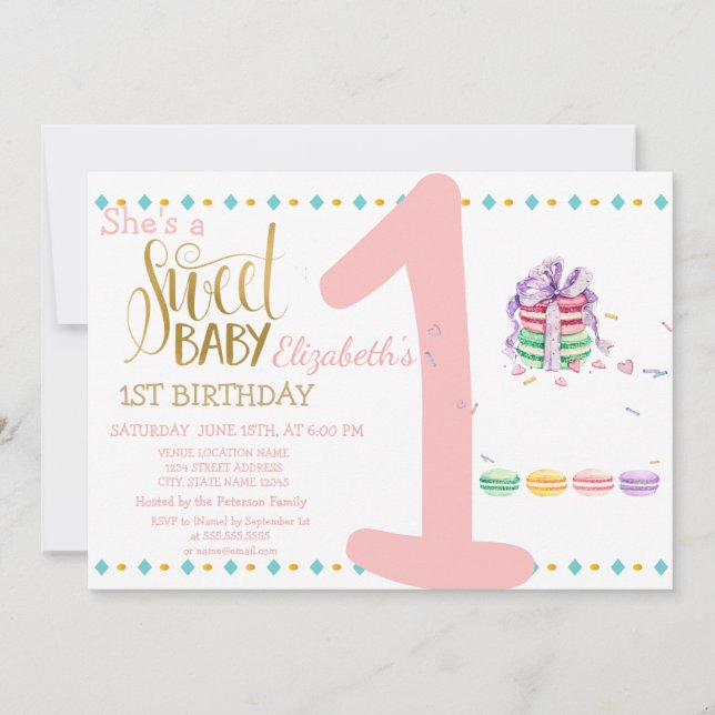 Invitation Macarons Bébé Douce Anniversaire Rayé (Devant)