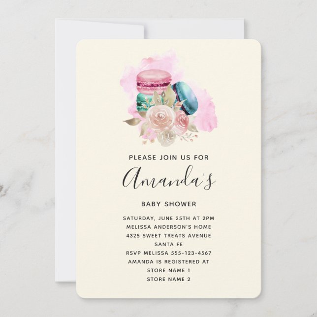 Invitation Macarons et Fleurs Aquarelle Baby SHower (Devant)