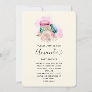 Invitation Macarons et Fleurs Aquarelle Baby SHower