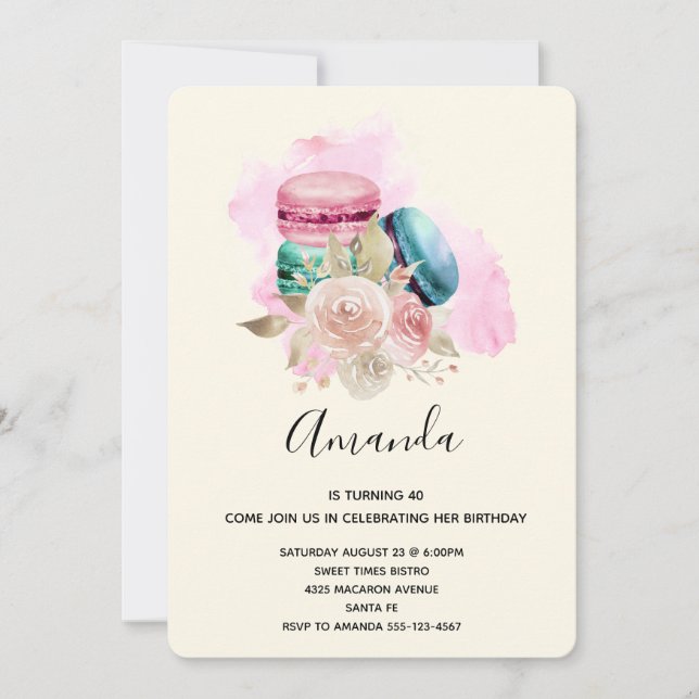 Invitation Macarons et Fleurs Aquarelle Colorés Anniversaire (Devant)