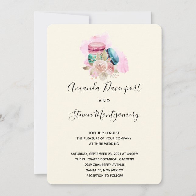 Invitation Macarons et fleurs aquarelle mariage (Devant)