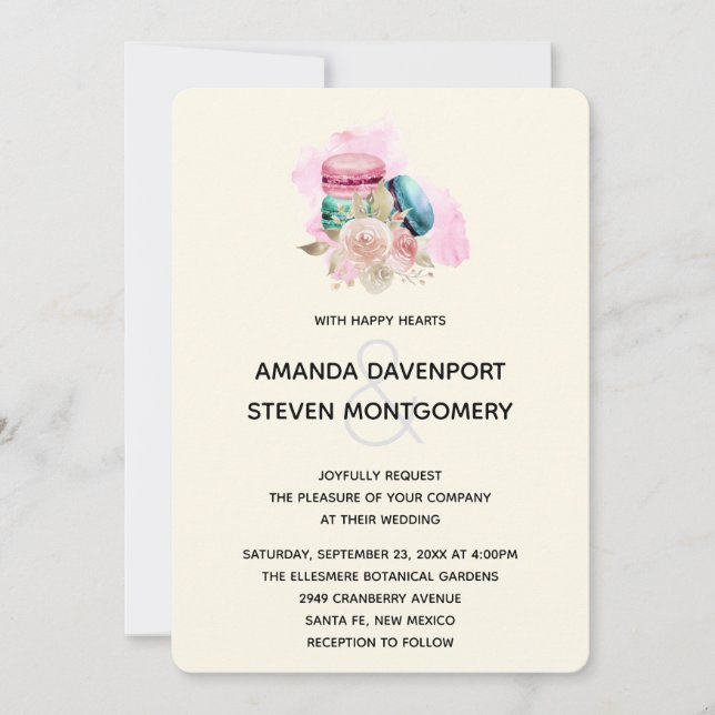 Invitation Macarons et fleurs aquarelle mariage (Devant)