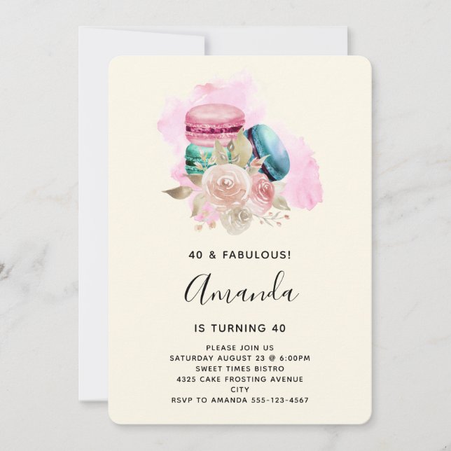 Invitation Macarons et fleurs colorés Aquarelle Anniversaire (Devant)
