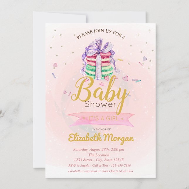 Invitation Macarons, Étoiles C'est une fille Baby Shower (Devant)