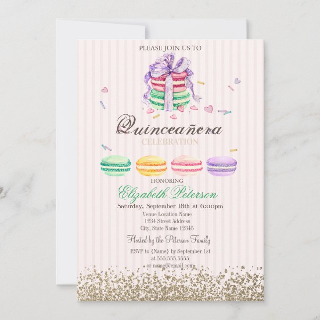 Invitation Macarons Faux Diamants Dorés Rayés Quinceañera (Devant)