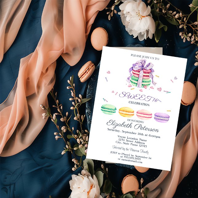 Invitation Macarons français aquarelle rayés Sweet 16 (Créateur téléchargé)