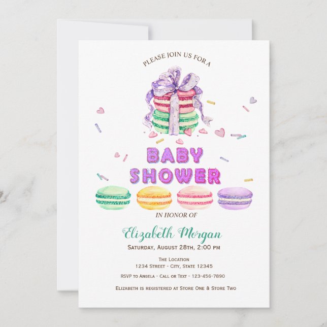 Invitation Macarons français, Baby Shower à rayures (Devant)