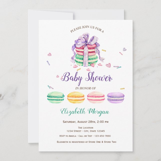 Invitation Macarons français, Baby Shower points bleus (Devant)