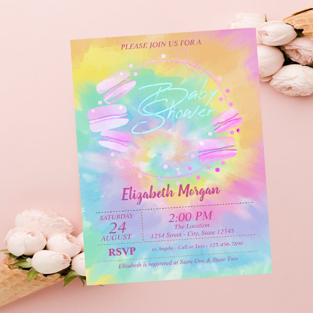 Invitation Macarons français Baby Shower Tie-Dye (Créateur téléchargé)