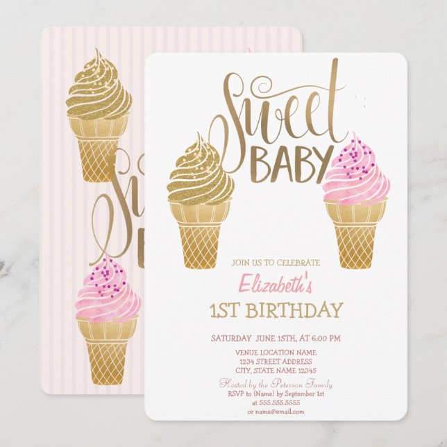 Invitation Macarons glacés pailletés rayés d'anniversaire (Devant / Derrière)