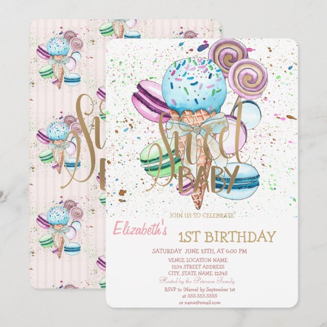 Invitation Macarons glacés rayés pour anniversaire (Devant / Derrière)