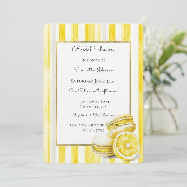Invitation Macarons Jaune Citron Rayures Enterrement de Vie d (Debout devant)