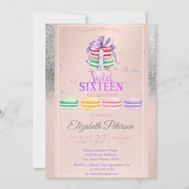 Invitation Macarons Pailletés Argent Bokeh Sweet 16 Fête (Devant)