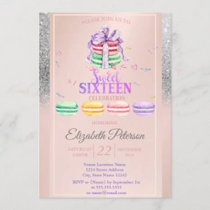 Invitation Macarons Pailletés Argent Bokeh Sweet 16 Fête