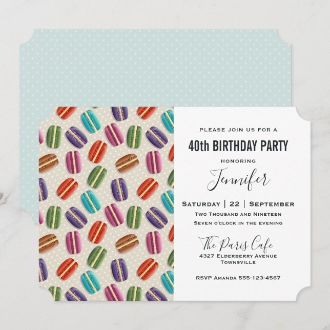Invitation Macarons Parisiens Motif Anniversaire Coloré (Devant / Derrière)