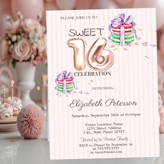 Invitation Macarons Rayures Or Rose Sweet 16 (Créateur téléchargé)