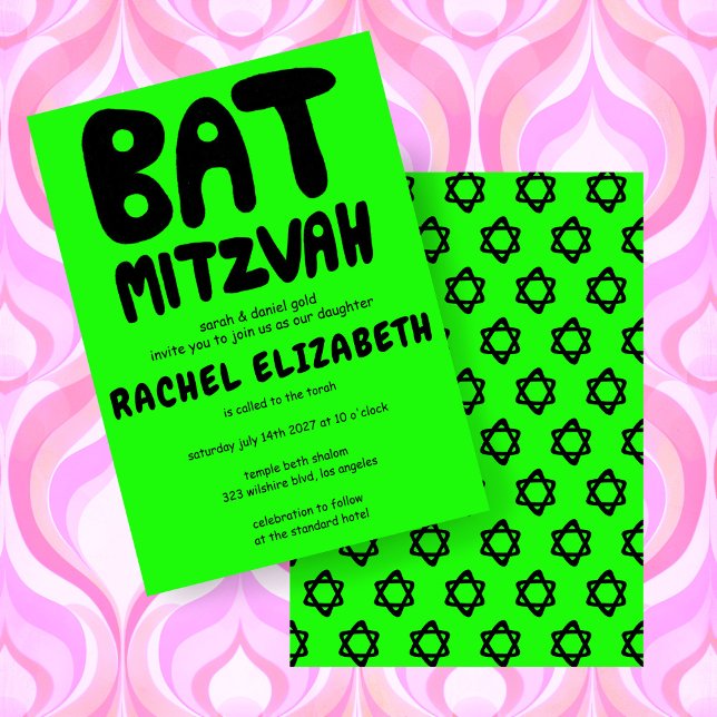 Invitation Machine super Personnalisation Bat mitzvah Étoiles (Groovy Handlettering Custom Bat Mitzvah Neon Green Brat Stars Invitation
)