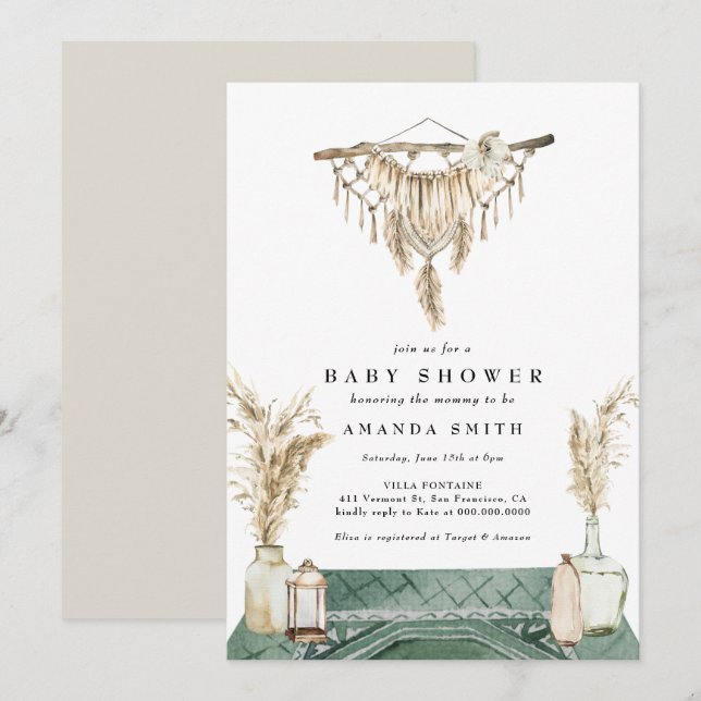 Invitation Macrame Boho Chic Rustique Baby shower neutre  (Devant / Derrière)
