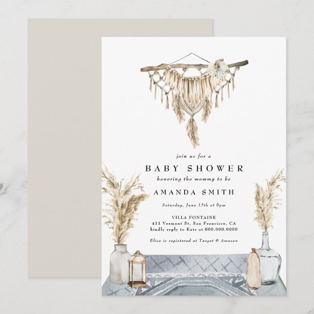 Invitation Macrame Boho Chic Rustique Boy Baby shower Bleu In (Devant / Derrière)