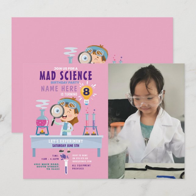 Invitation Mad Science Anniversaire Fête Expérience Filles Ro (Devant / Derrière)