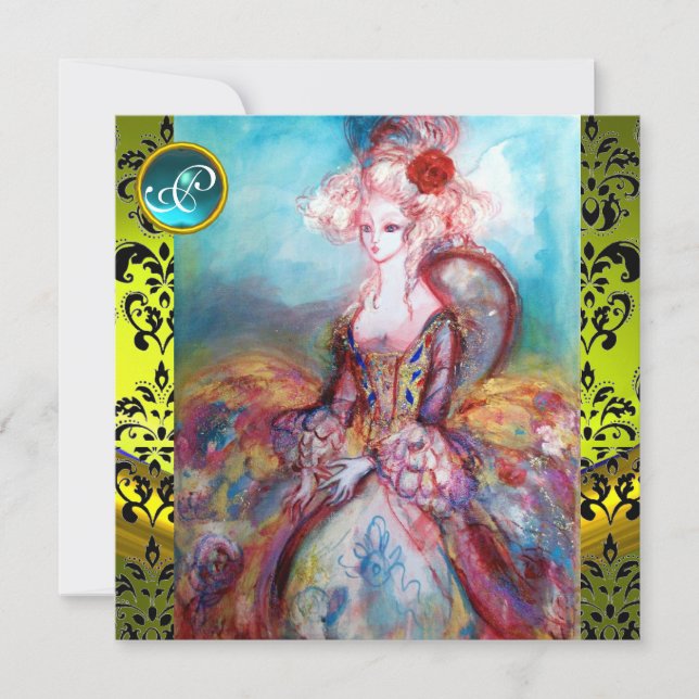 INVITATION MADAME DE POMPADOUR , DAMAS JAUNE NOIR MONOGRAMME (Devant)