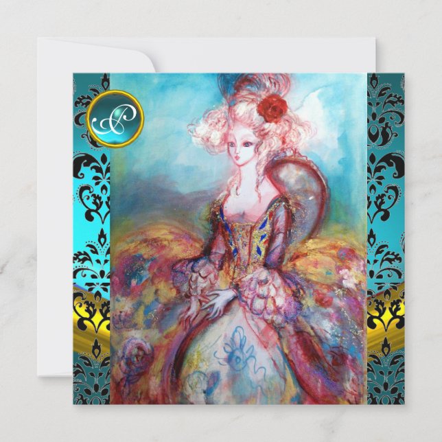 INVITATION MADAME POMPADOUR, BLEU BLACK DAMASK FLOWUR MONOGRA (Devant)