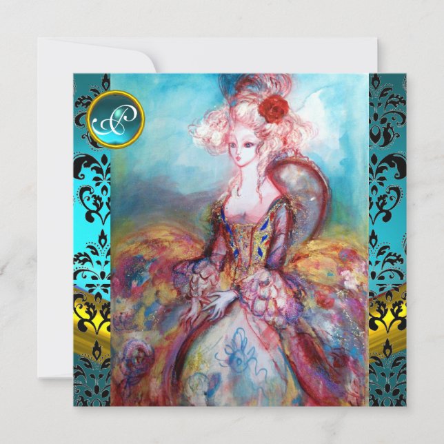 INVITATION MADAME POMPADOUR, BRODERIE DE FLEURS EN DAMAS BLEU (Devant)