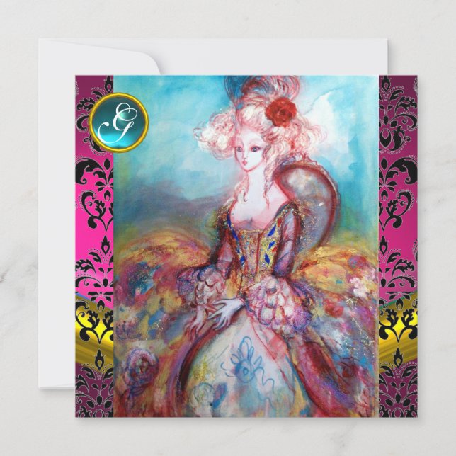 INVITATION MADAME POMPADOUR, FLEUR EN DAMAS NOIR ET ROSE MONO (Devant)