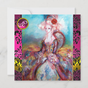 INVITATION MADAME POMPADOUR, FLEUR EN DAMAS ROSE NOIR MONOGRA