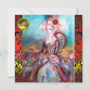 INVITATION MADAME POMPADOUR, MONOGRAMME DE FLEURS NOIR ROUGE 