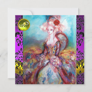 INVITATION MADAME POMPADOUR PURPLE BLACK DAMASK MONOGRAM