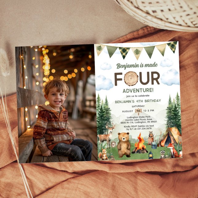 Invitation Made Four Adventure Camping 4th Birthday Photo (Made Four Adventure Camping 4th Birthday Photo Invitation)