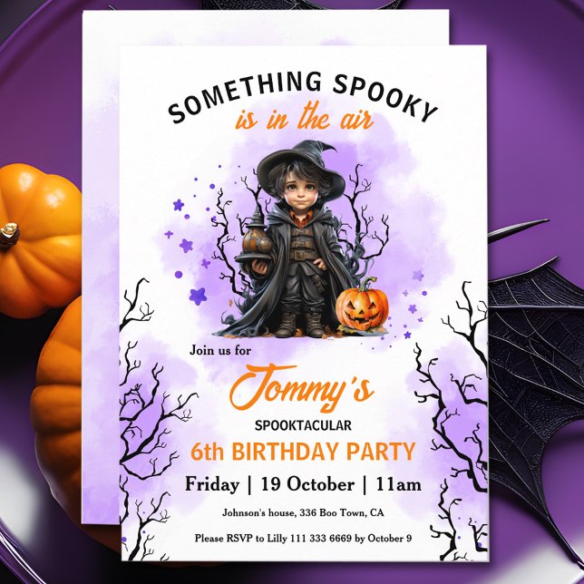 Invitation Magasin mignon Purple Orange Halloween Anniversair (Cute Wizard Purple Orange Halloween Birthday Invitation)