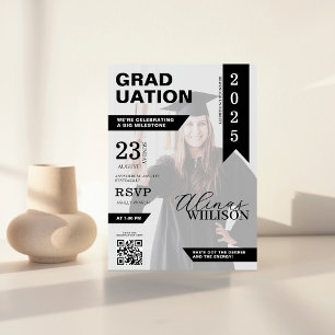 Invitation Magazine à code qr noir et blanc, diplôme photo