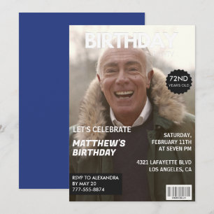 Invitation Magazine Bleu marine Photo Drôle 72e anniversaire