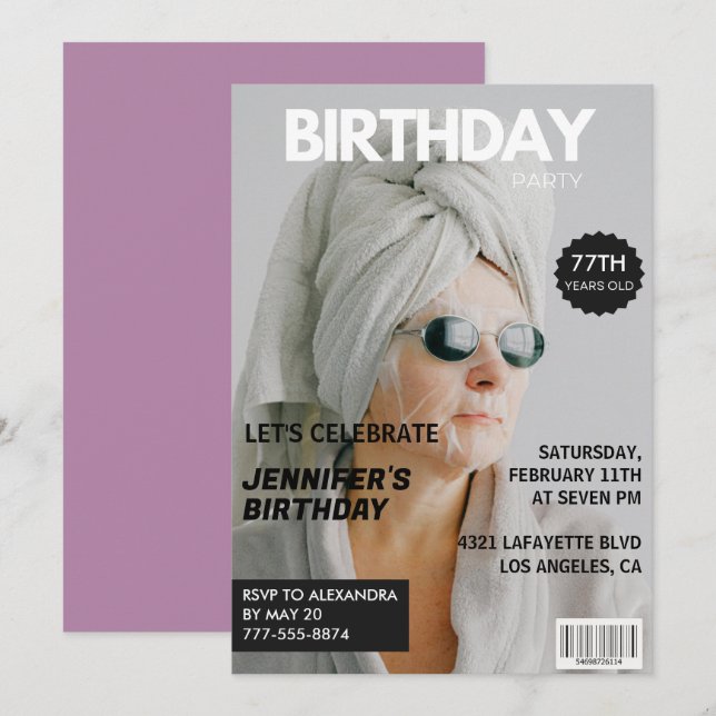 Invitation Magazine de photos stylé et drôle 77e anniversaire (Devant / Derrière)
