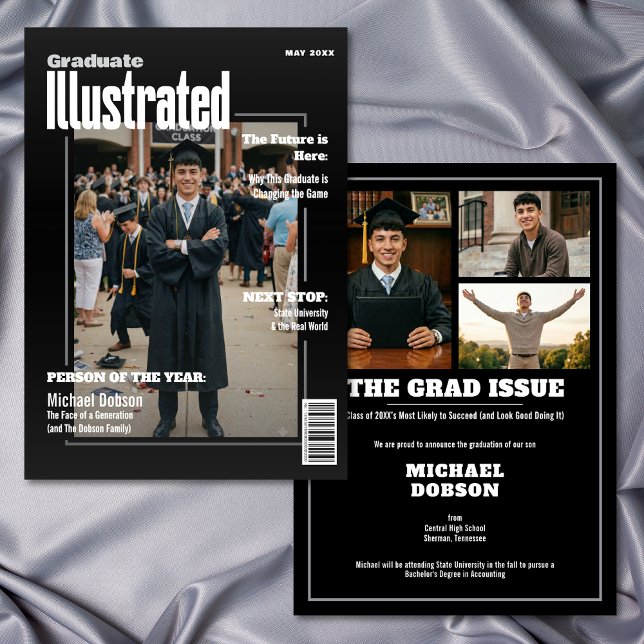 Invitation Magazine Four Photo Black Graduation Announcement (Magazine Four Photo Black Graduation Announcement)