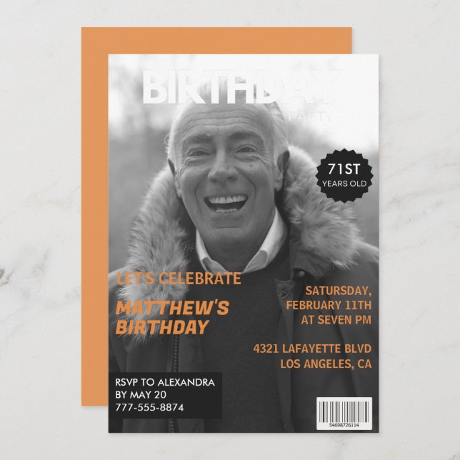 Invitation Magazine noir et blanc Editorial 71e anniversaire (Devant / Derrière)