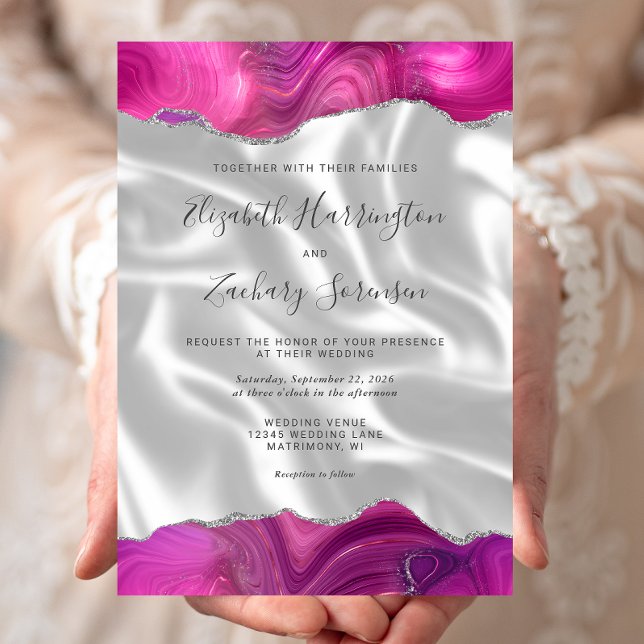 Invitation Magenta Argent Agate Mariage de soie blanche (Créateur téléchargé)